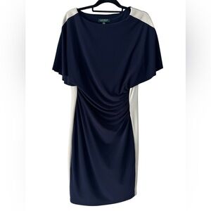 Lauren Ralph Lauren Navy Ivory Ruched Colorblock Sheath Dress Size 12